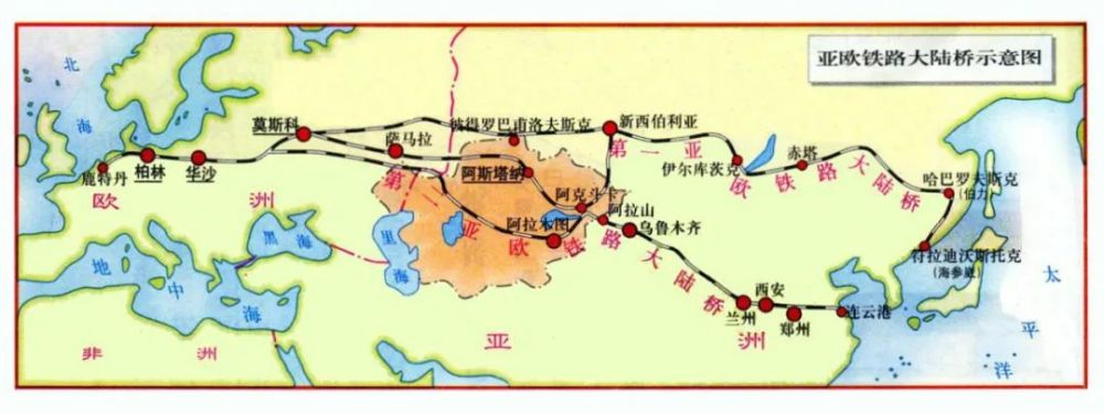 另一条是经我国陇海铁路,兰新铁路与哈萨克斯坦铁路接轨的亚欧大陆桥