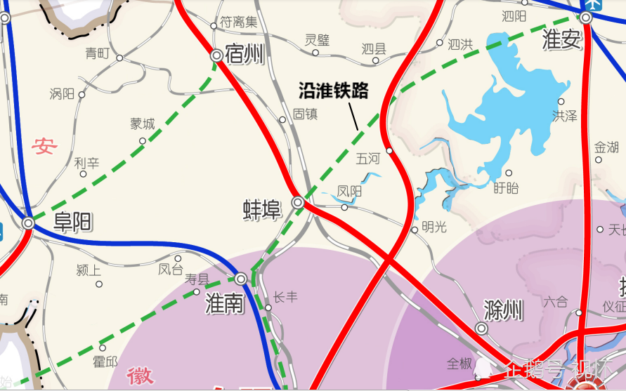 城际铁路第4条是沿淮城际铁路,它的线路大致为淮安—蚌埠—淮南—淮滨