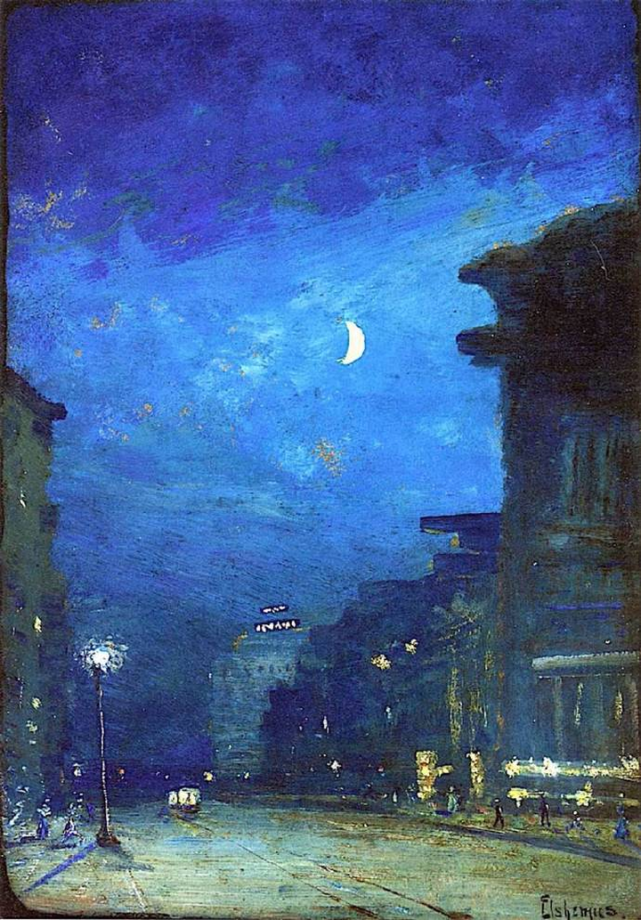 月光下的城市街道,1908年(美国画家louis m. eilshemius)