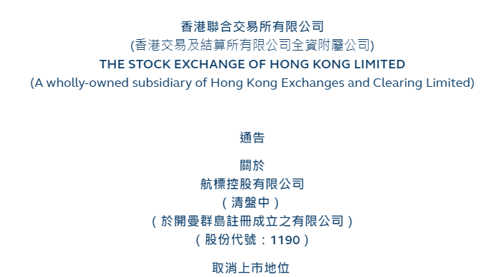 航标控股01190将于3月10日被港交所除牌