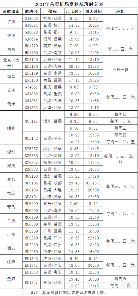 吕梁机场2021年夏秋换季时刻表