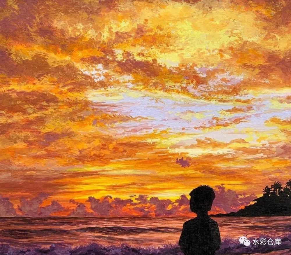 水彩丙烯海水在黄昏遇上了日光mays风景绘画