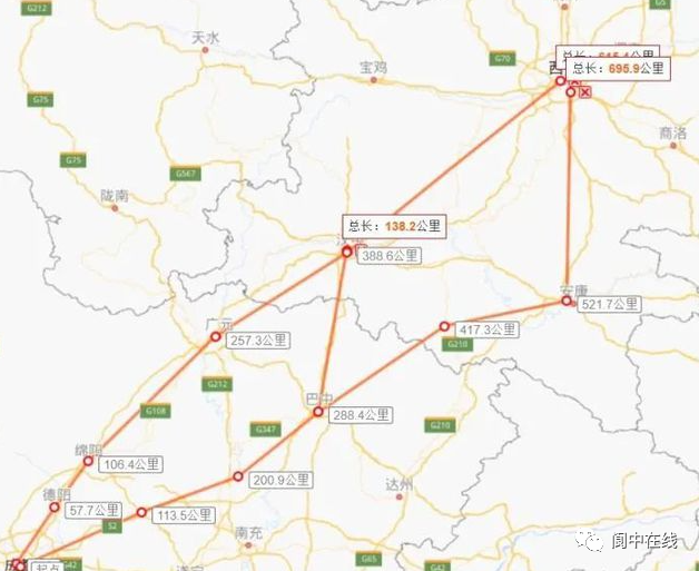大致路线为成都——金堂——中江——三台——盐亭——阆中(南部)—
