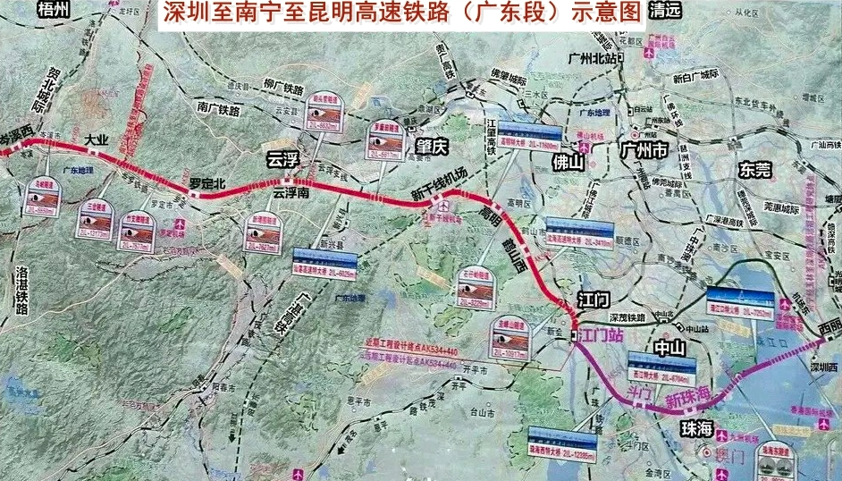 该高铁(先行段),从深茂铁路区间引出,设江门,鹤山西,高明和珠三角
