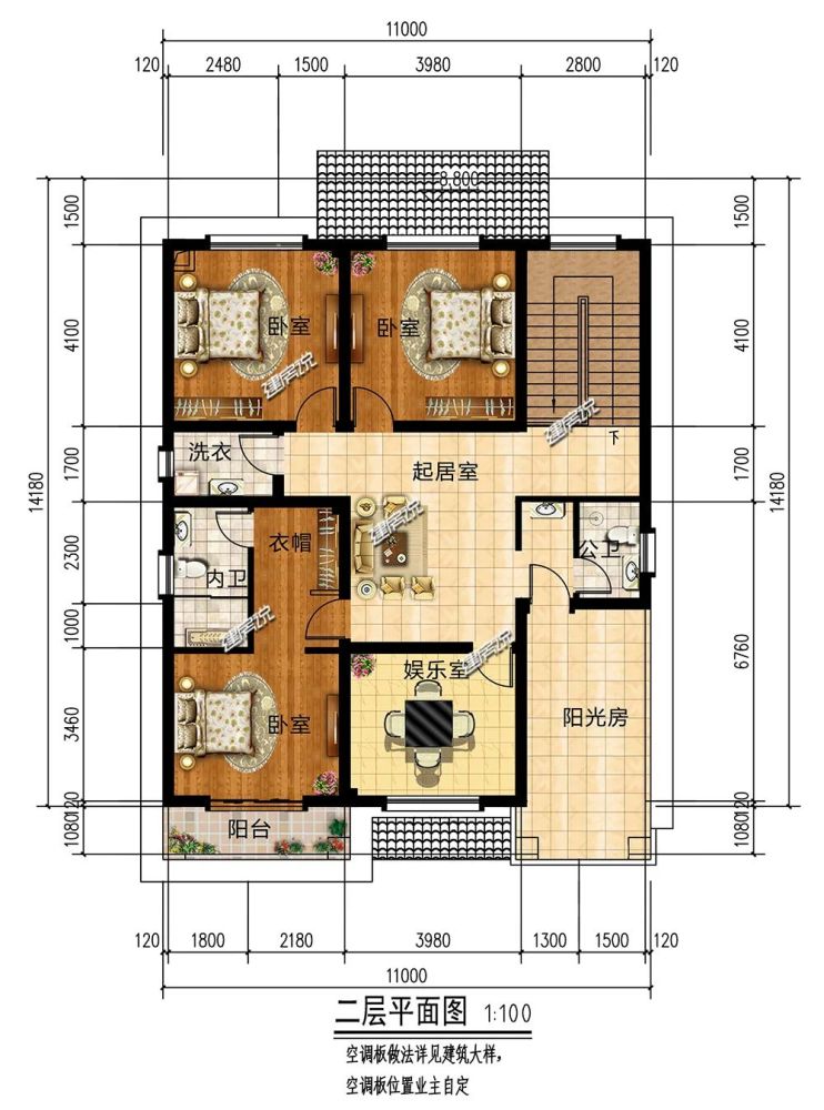 4,建筑面积:278平方米 5,开间11米,进深10米 品牌:建房说 1,别墅图 