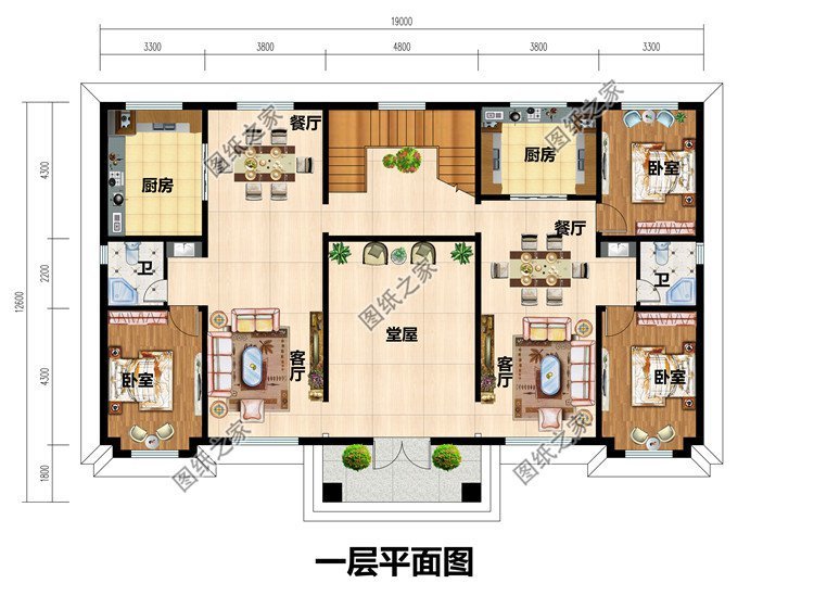 卫生间,共用阳台; 第三款:共用堂屋新农村二层双拼别墅设计图以及户型