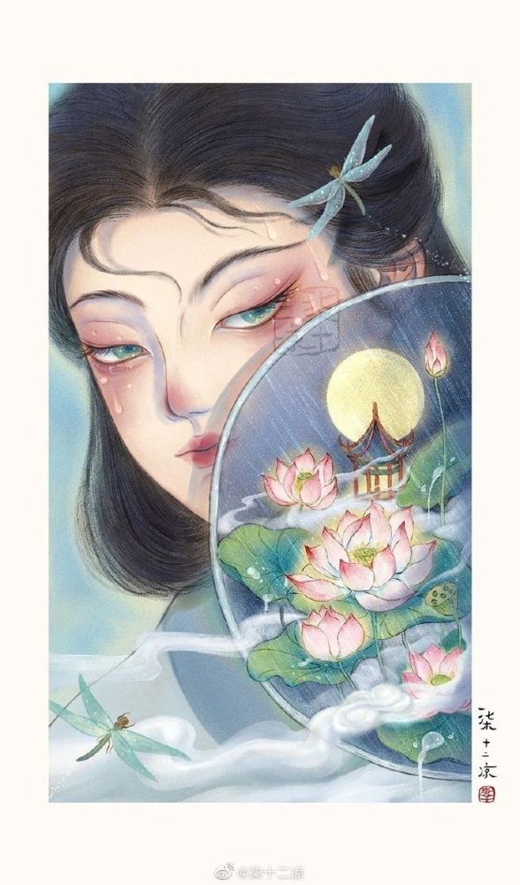 一组古风团扇美人插画,团扇团扇美人多,玲珑娇小一个个