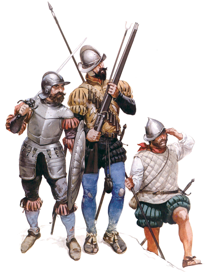 (上图)16世纪的西班牙步兵,居中者手持著名的穆什克特火绳枪 随着