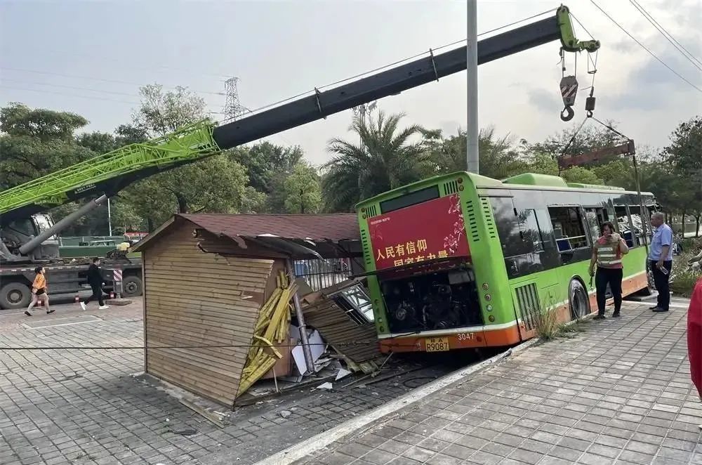 南宁丨一公交车疑似失控发生连续撞击,把木屋,树木,消防栓全撞坏