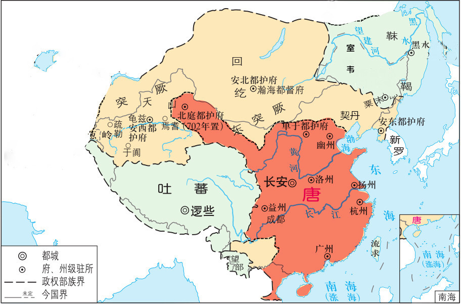 唐朝版图(浅红色为势力范围) 唐朝宋朝和元朝 在谭其骧的地图中