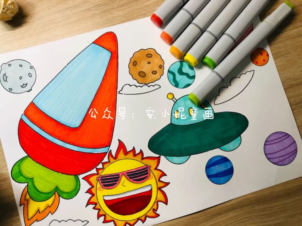 儿童画创意|太空和海洋主题装饰画课例分享,色彩艳丽充满童趣!