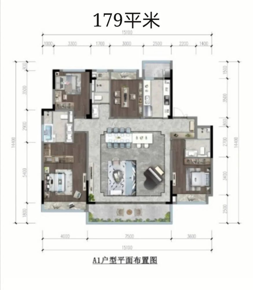 洋房179平户型格局,大竖厅两件卧室分居两侧.尽管是竖厅,但客厅开间7.