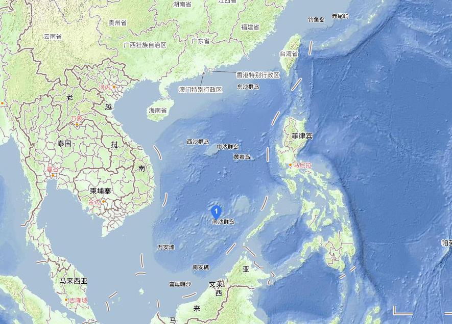 中国海南省三沙市南沙区牛轭礁的位置