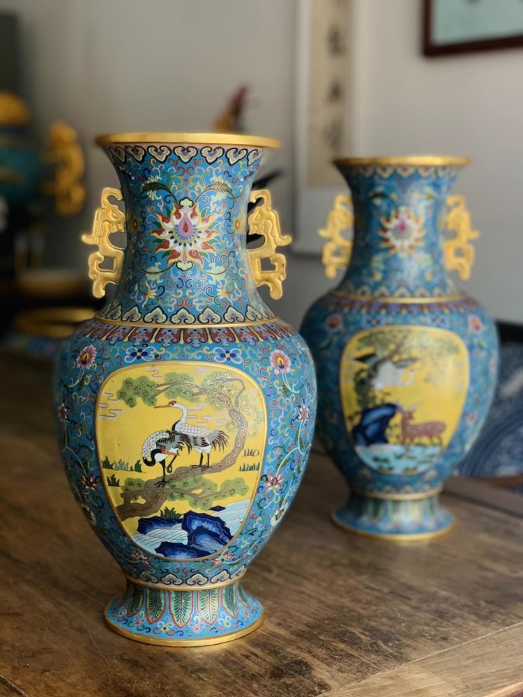 宫廷款 精品美物 景泰蓝花瓶 鹤鹿同春