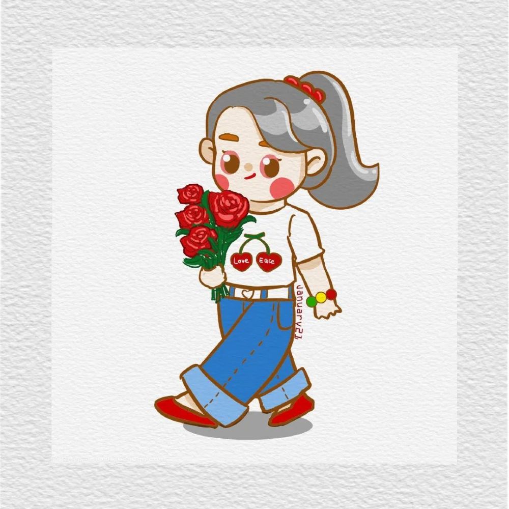儿童插画手拿鲜花的小女孩可可爱爱