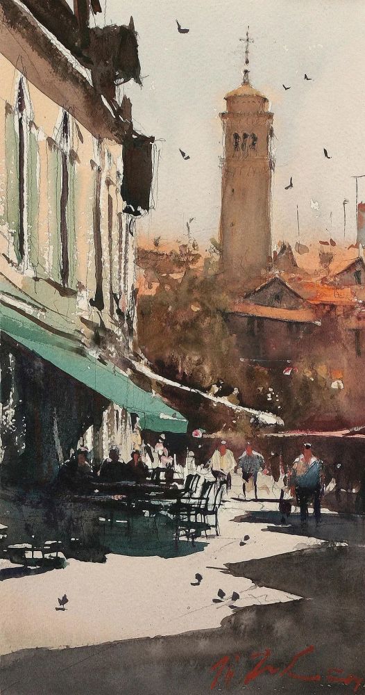 水彩建筑,城市风景插画