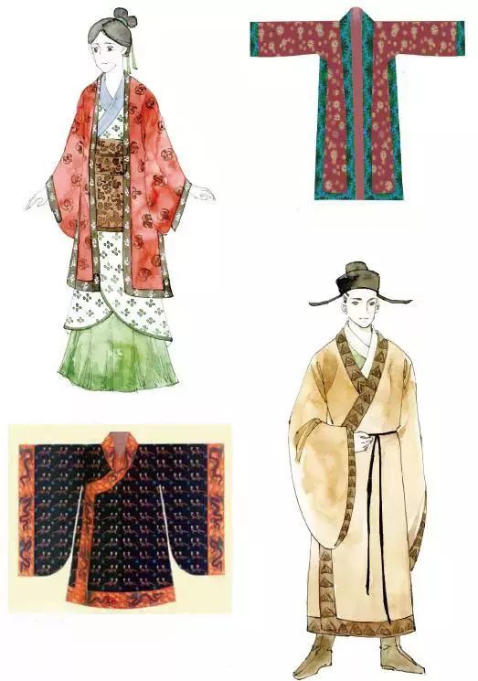 右上:宋代女子长衫;左下:宋代皇后礼服