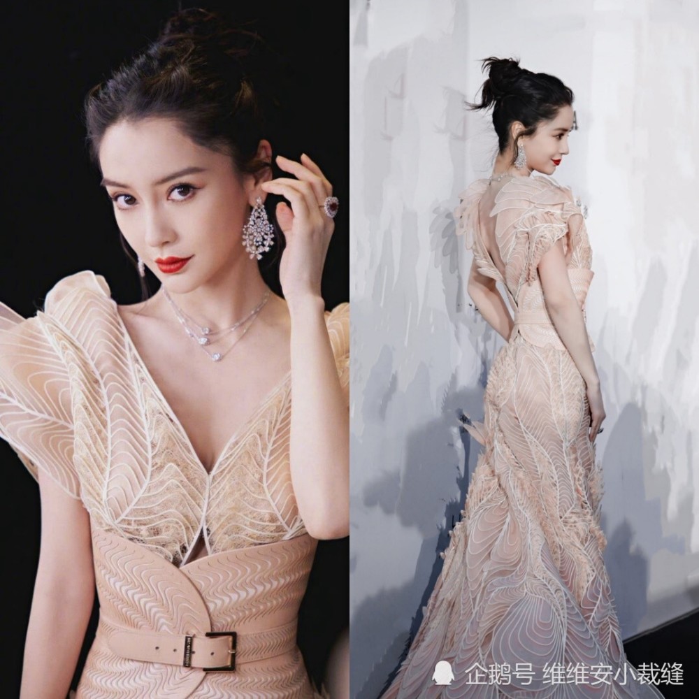 angelababy穿高定香槟色花瓣鱼尾裙"美人鱼"造型,高叉礼服显腿长,颜值