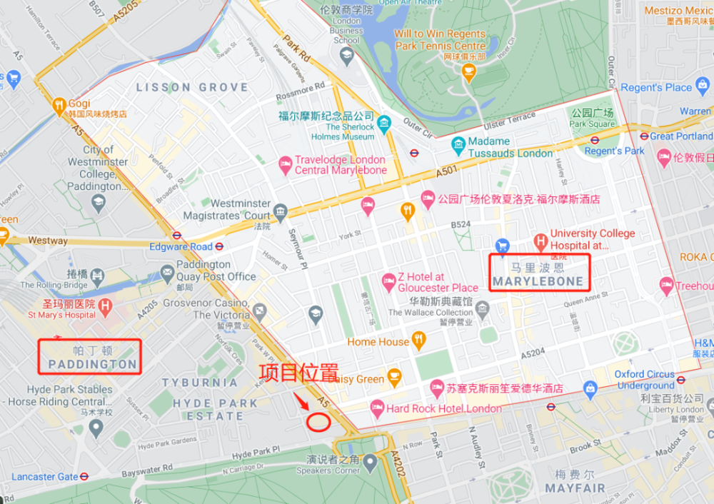 此外,项目东侧的马里波恩(marylebone),则是一个拥有众多使馆和