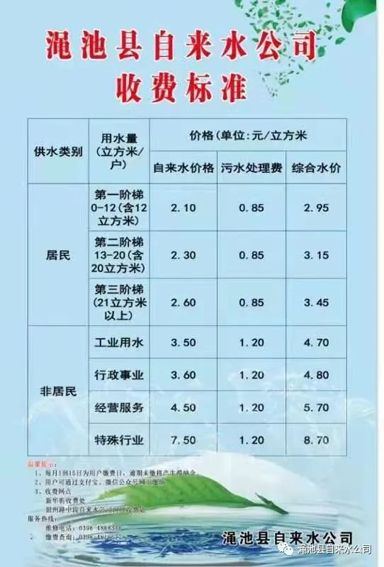 渑池县自来水公司供水价格公布