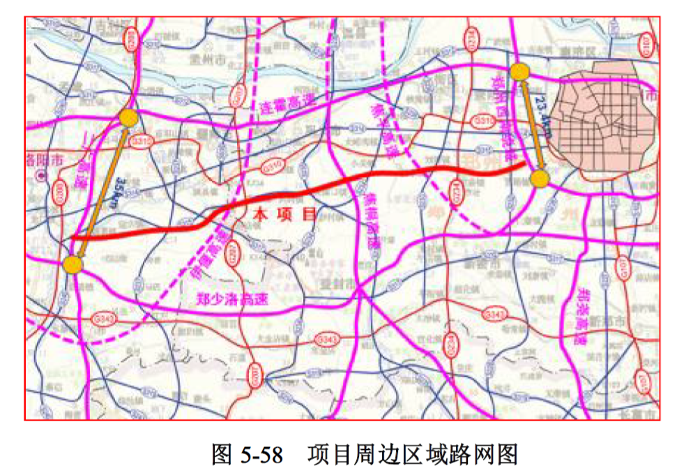 路线继续向西南,在水头北设置浮戏山枢纽互通与规划焦平高速交叉;向西