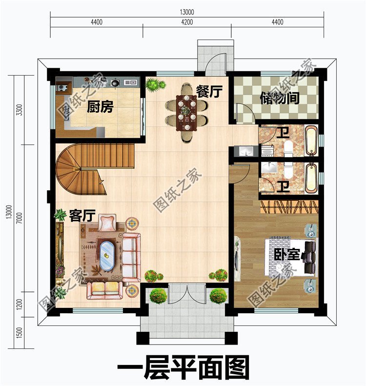 13乘13米占地方正的自建房平面图,现代布局,错过可惜