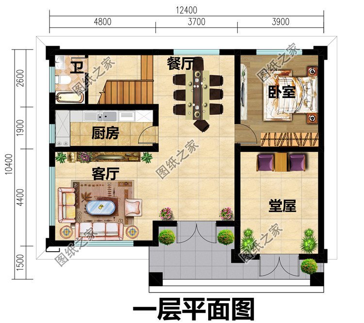 卧室x2,卫生间,露台 小编推荐的面宽12米的二层别墅设计图以及户型图