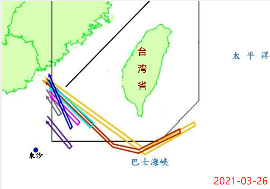 3月26日,我军派出多达20架次军机进入台湾岛西南和南部空域.