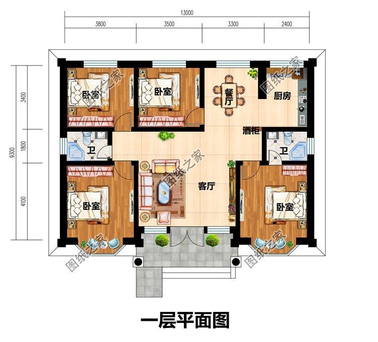 客厅,厨房,餐厅,卧室x3,卧室(带卫生间); 方案二:农村一层别墅设计图