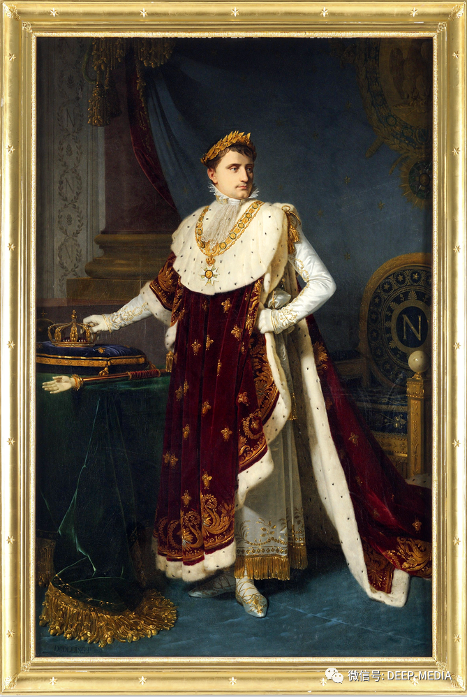 拿破仑身穿国王加冕服的帝王形象.油画左下角签署"p·德罗林 1808".