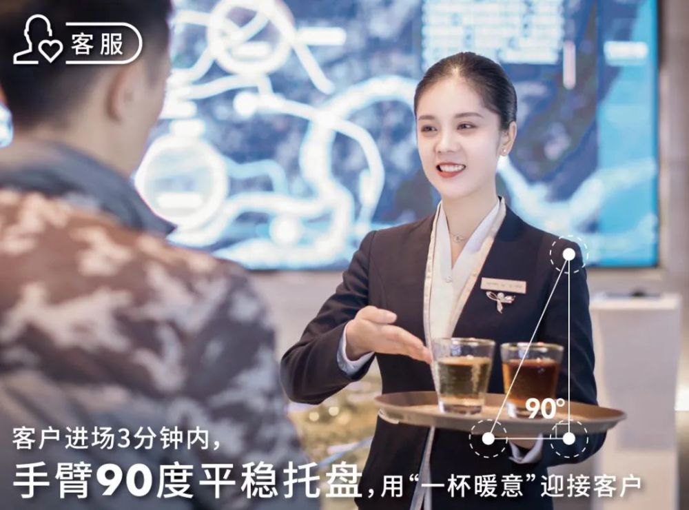 30°对客鞠躬,90°挺立问候,托盘上水,120°指引弧度.