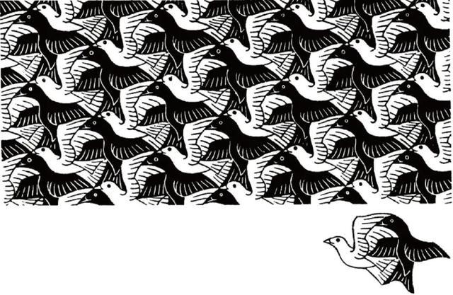 例如,在埃舍尔的一幅代表作中(下图),一对毗连的黑鸟和白鸟构成了一个