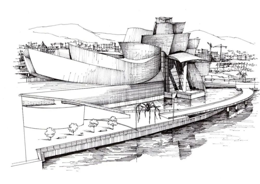 后现代主义建筑师弗兰克·盖里 古根海姆博物馆手绘图