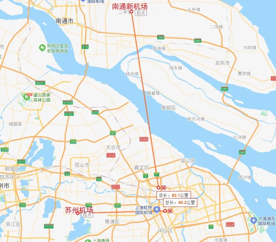 相比之下,南通新机场的距离就远很多,距离上海中心城市直线距离80多