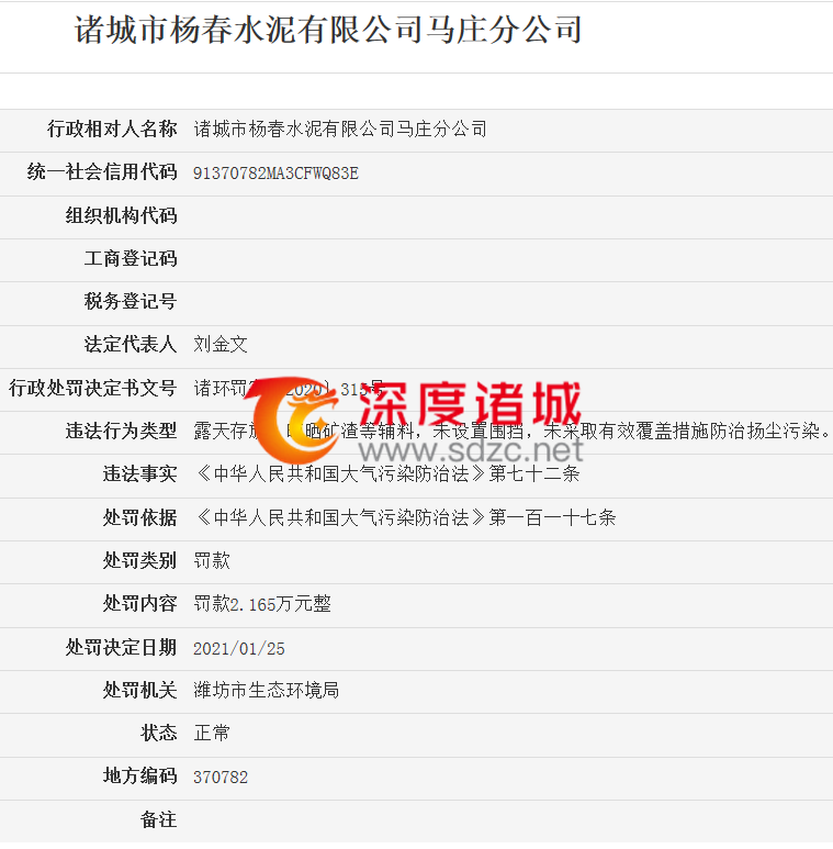 违法!诸城杨春水泥某分公司被处罚