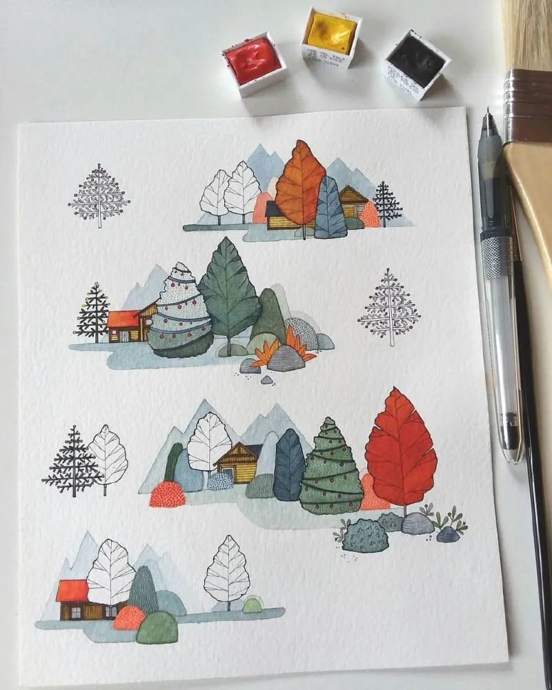 手绘水彩风景插画,色彩淡雅清新,漂亮的植物花朵