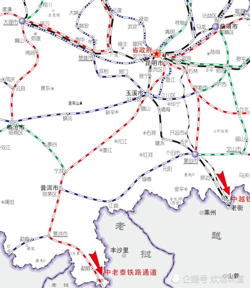 云南省对外铁路通道主要有通往越南老挝缅甸印度的铁路有的还在规划