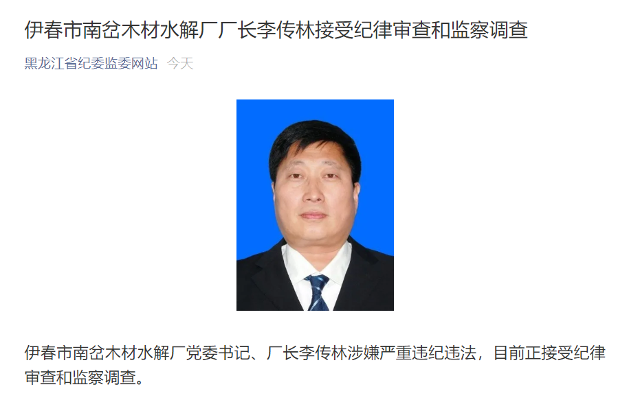 黑龙江伊春市南岔木材水解厂厂长李传林接受审查调查