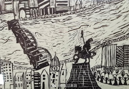小学生木刻版画黄河之滨也很美