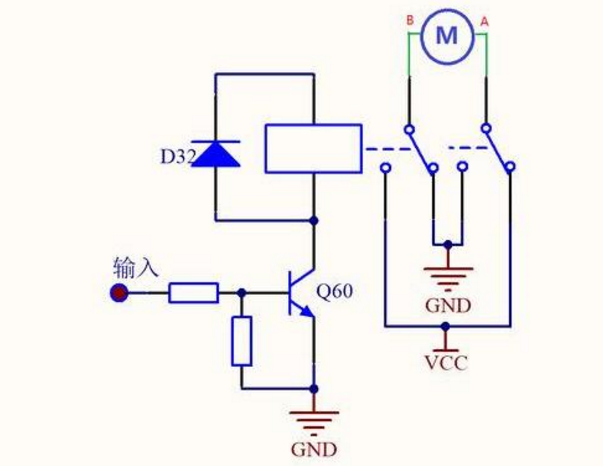 继电器实现直流电机正反转原理图