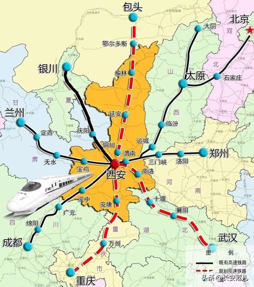 西安至延安高速铁路:自西安北站,西安东站引出,经西安市高陵区,阎良