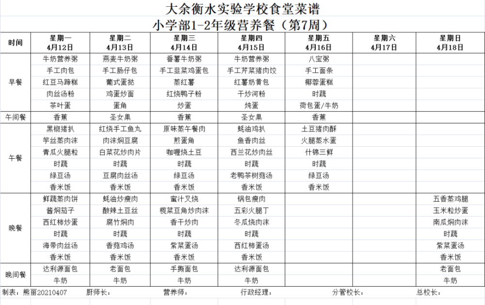 大余衡实|春季学期第7周食堂营养食谱