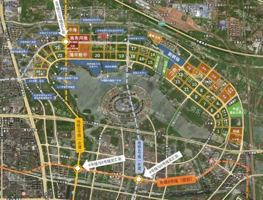 6号线和8号线;其中在建的地铁4号线贯穿中原科技城,北龙湖金融岛,cbd