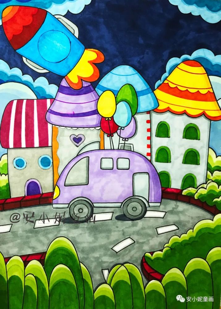 儿童画创意 | 城市建筑主题画教程,马克笔,油画棒,彩色线描,手工等统