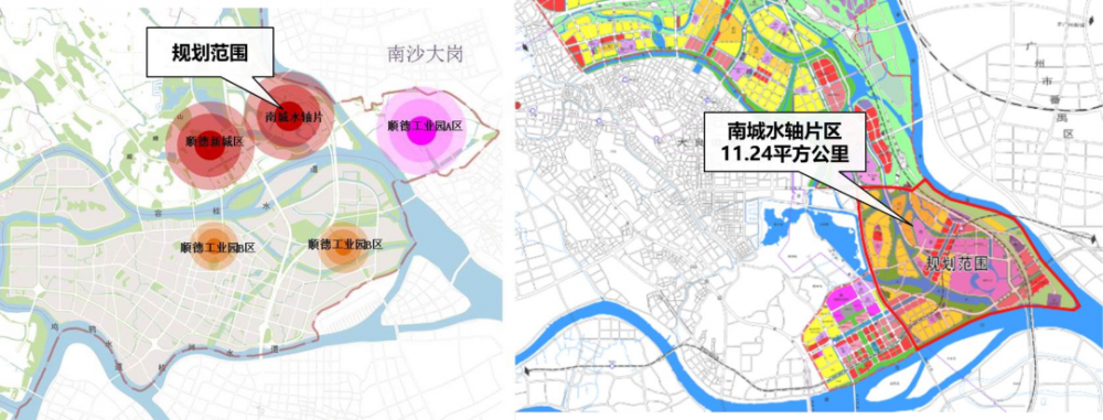 《公示》显示,本次规划调整区位于顺德新城南城水轴片区,东临广州市