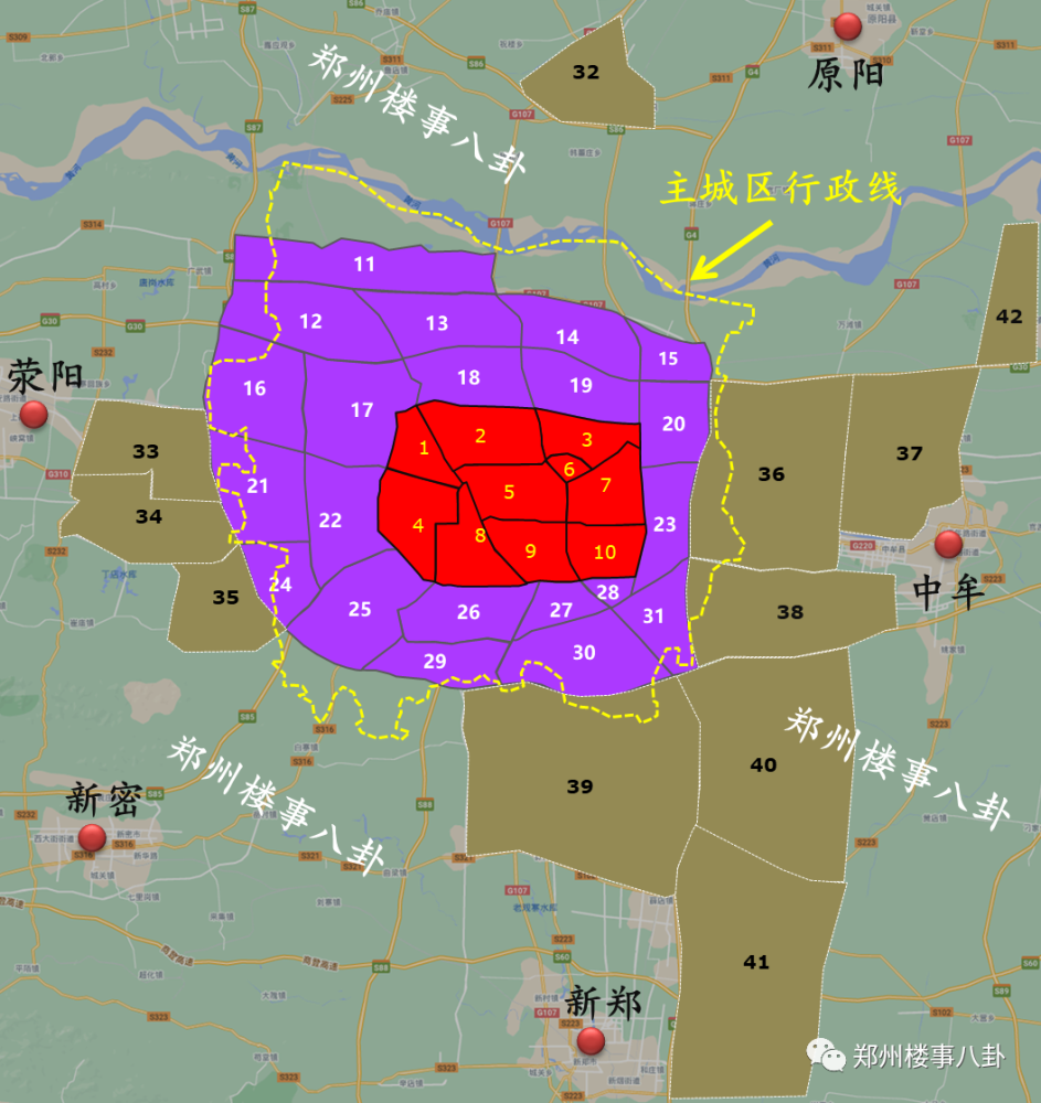 "三环线"和"主城区行政线"(下图的黄色虚线)是郑州市最重要的2个界限