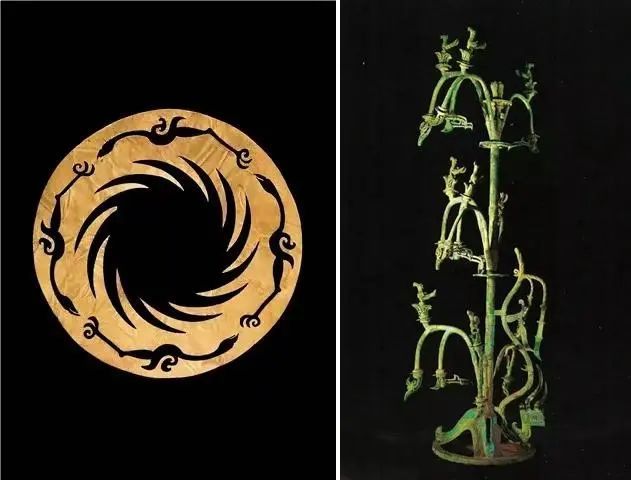 左为金沙遗址太阳神鸟金饰右为三星堆青铜神树中的太阳神鸟我们