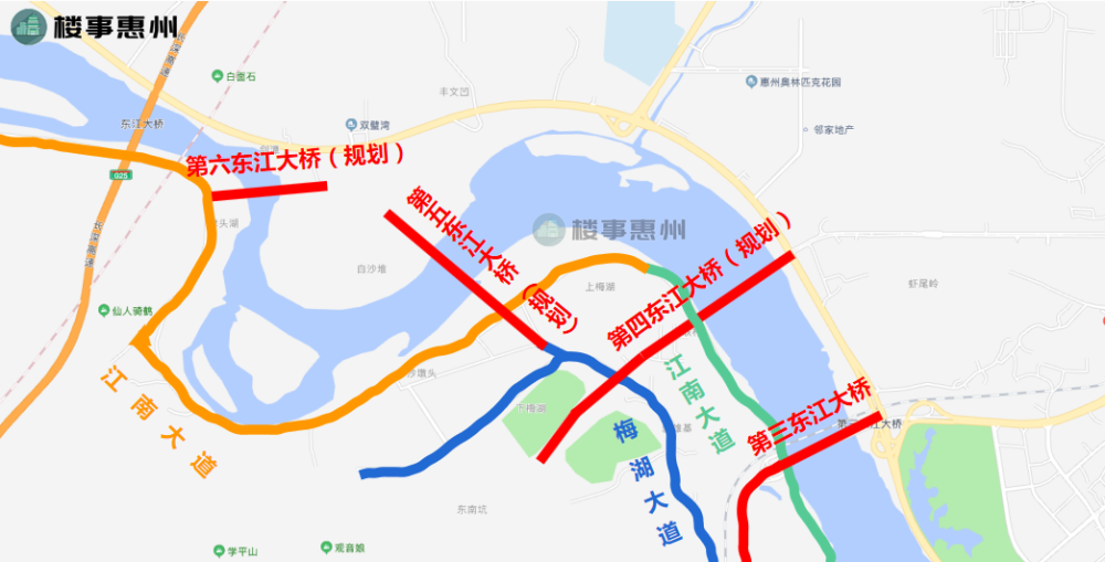 在道路上, 规划了第四东江大桥,第五东江大桥,第六东江大桥以及 正在