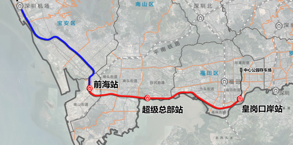 通过穗深城际,前海和皇岗口岸可经广深铁路达广州东站,经佛莞城际及