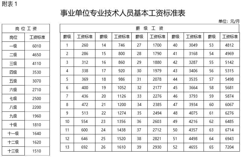 事业单位专业技术人员基本工资标准表